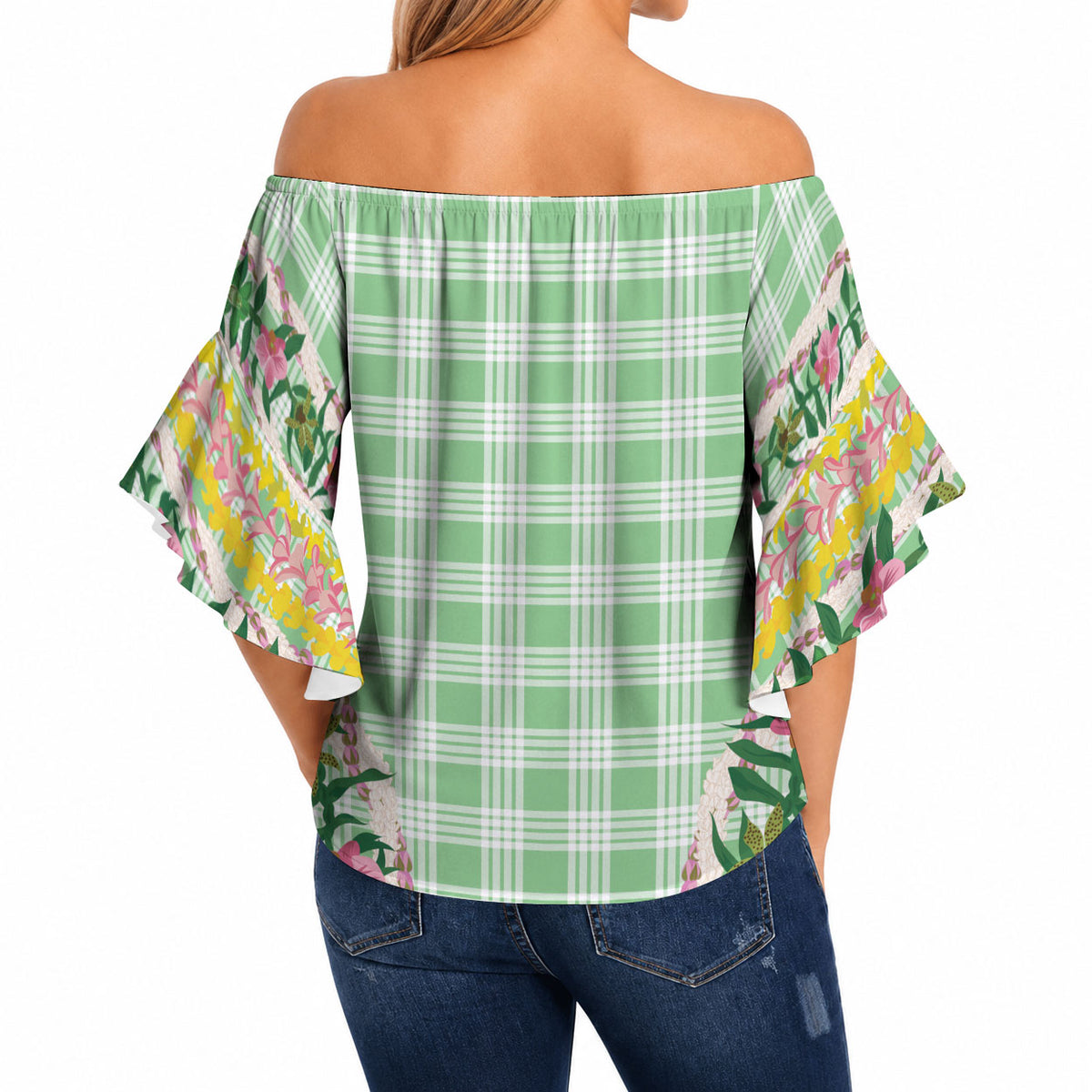 Hawaii Pikake Lokelani Plumeria Lei Off Shoulder Wrap Waist Top Green Palaka Motifs LT05 - Polynesian Pride