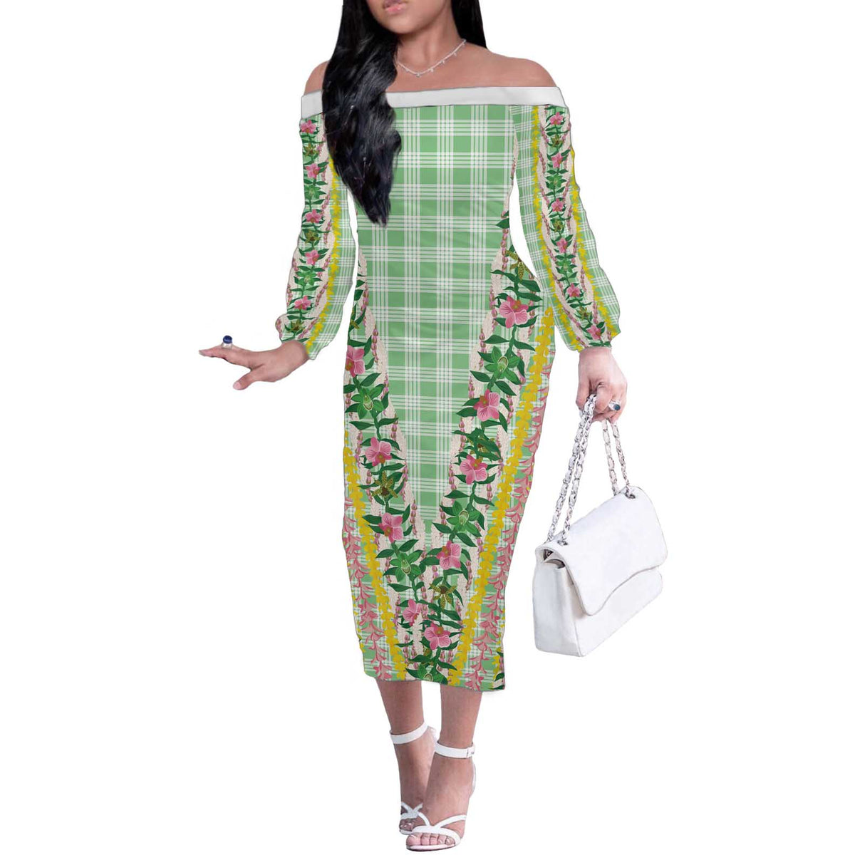 Hawaii Pikake Lokelani Plumeria Lei Off The Shoulder Long Sleeve Dress Green Palaka Motifs