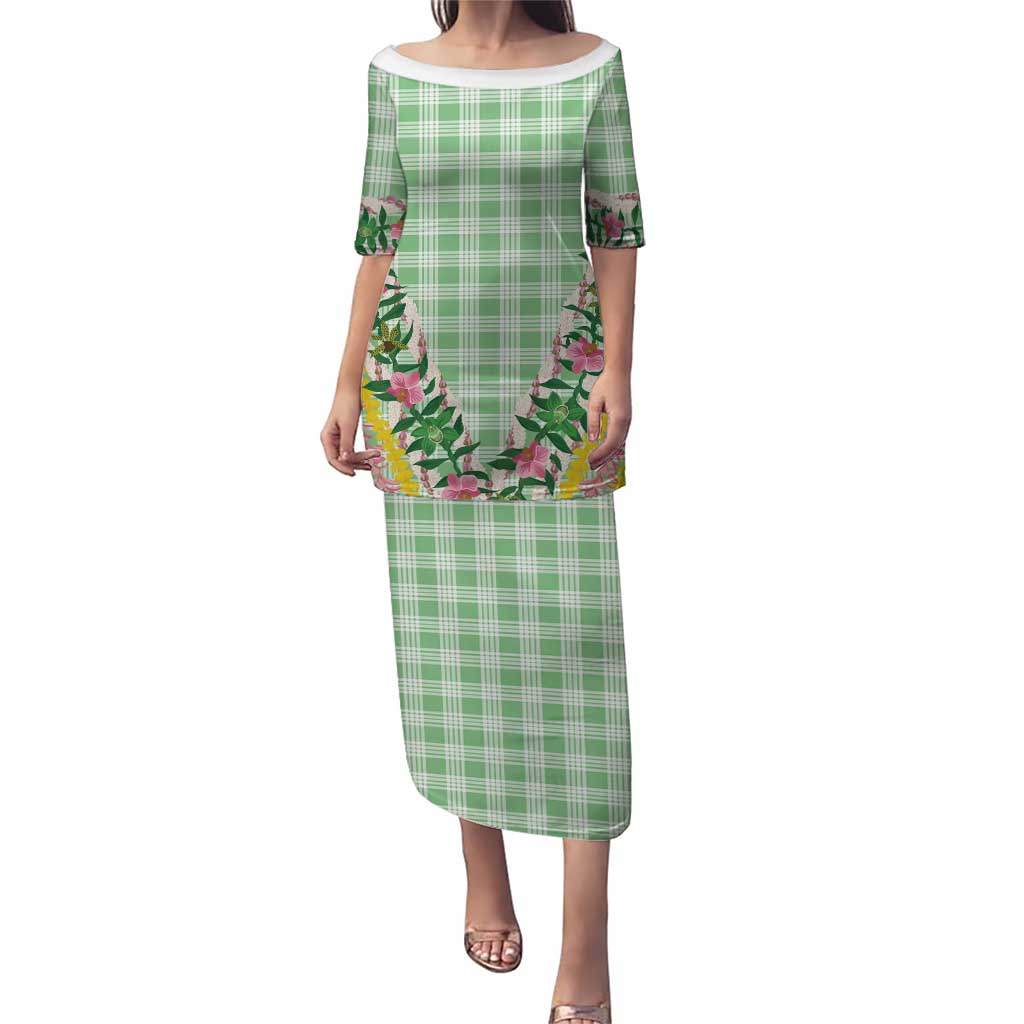 Hawaii Pikake Lokelani Plumeria Lei Puletasi Green Palaka Motifs LT05 Long Dress Green - Polynesian Pride