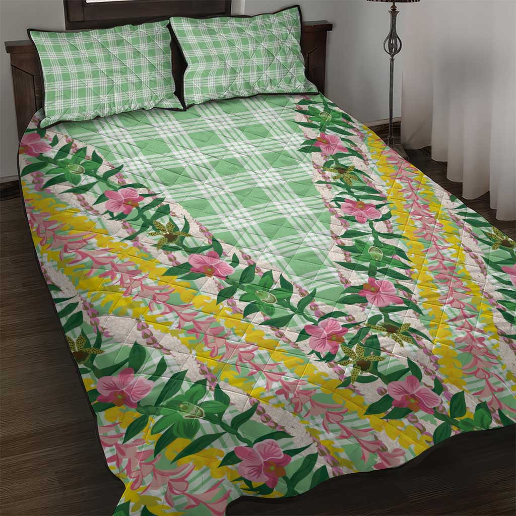 Hawaii Pikake Lokelani Plumeria Lei Quilt Bed Set Green Palaka Motifs LT05 Green - Polynesian Pride