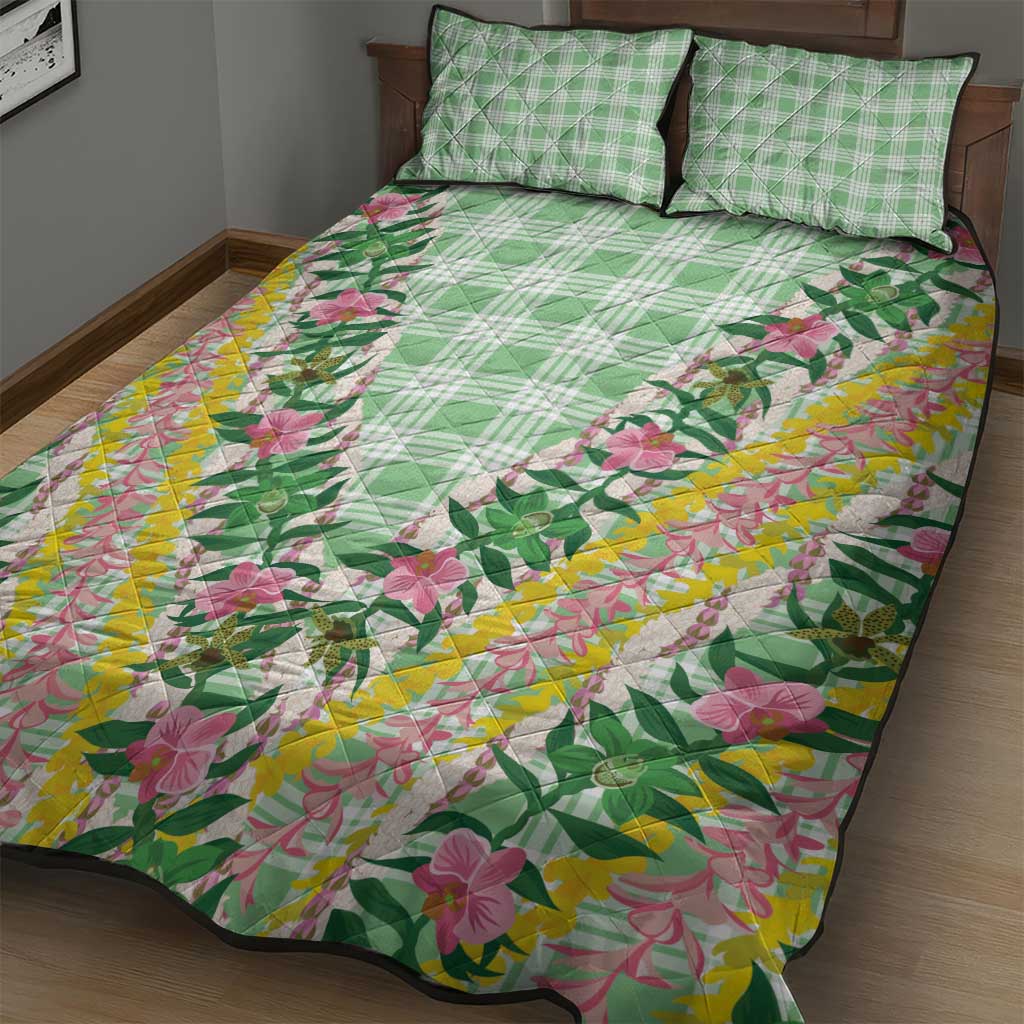 Hawaii Pikake Lokelani Plumeria Lei Quilt Bed Set Green Palaka Motifs LT05 - Polynesian Pride