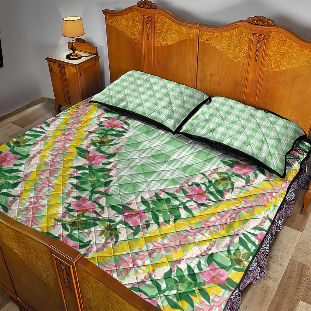 Hawaii Pikake Lokelani Plumeria Lei Quilt Bed Set Green Palaka Motifs LT05 - Polynesian Pride
