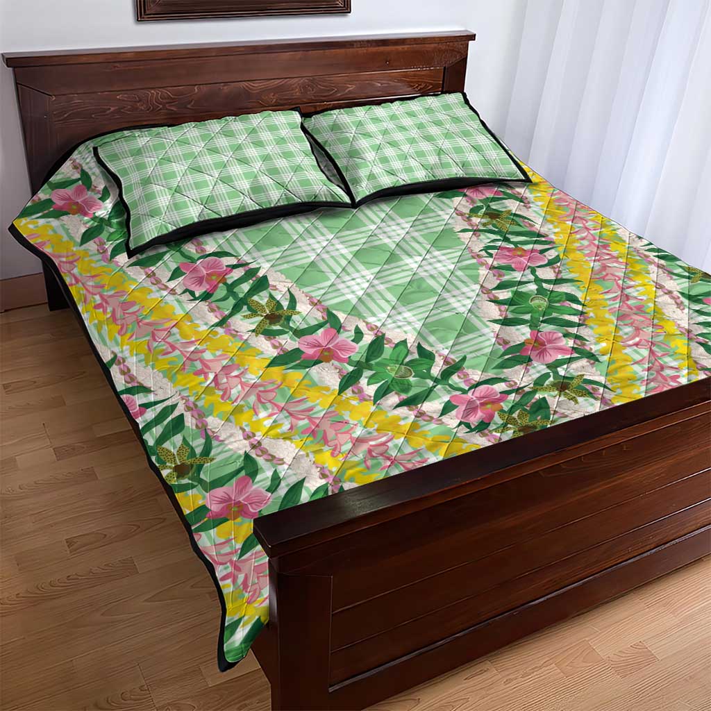 Hawaii Pikake Lokelani Plumeria Lei Quilt Bed Set Green Palaka Motifs LT05 - Polynesian Pride