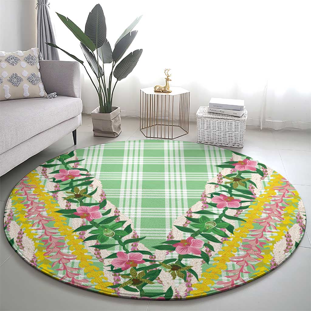 Hawaii Pikake Lokelani Plumeria Lei Round Carpet Green Palaka Motifs LT05 - Polynesian Pride
