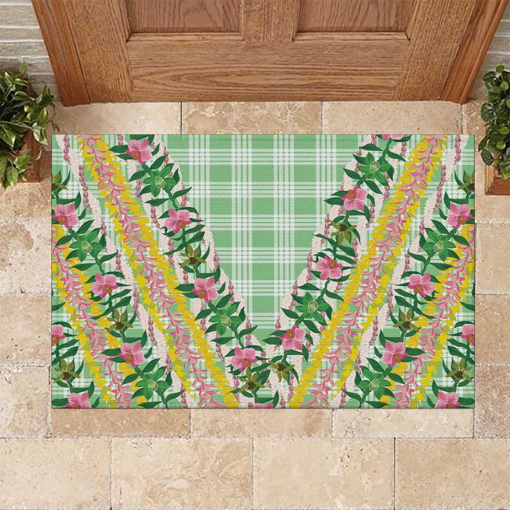 Hawaii Pikake Lokelani Plumeria Lei Rubber Doormat Green Palaka Motifs LT05 Green - Polynesian Pride