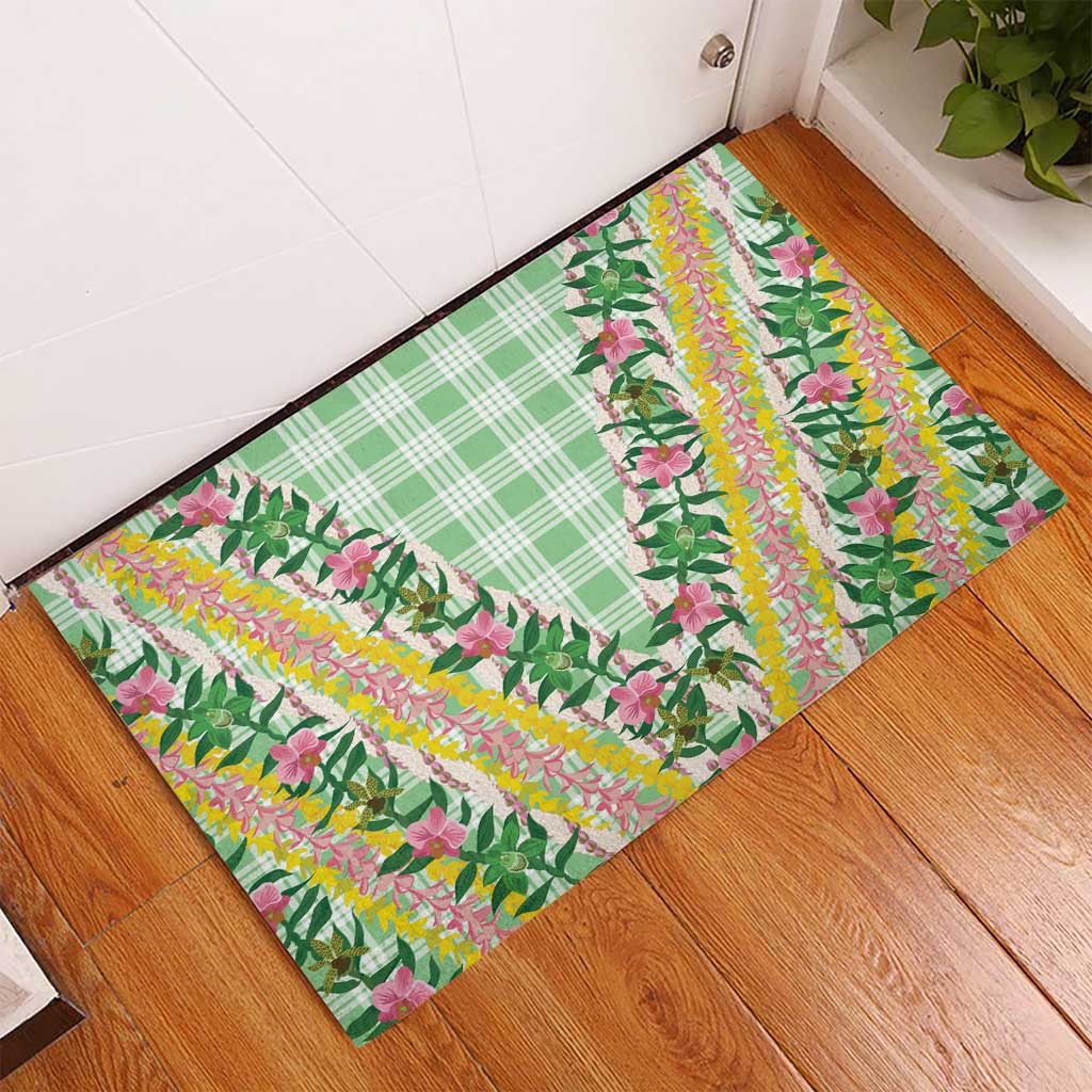 Hawaii Pikake Lokelani Plumeria Lei Rubber Doormat Green Palaka Motifs LT05 - Polynesian Pride