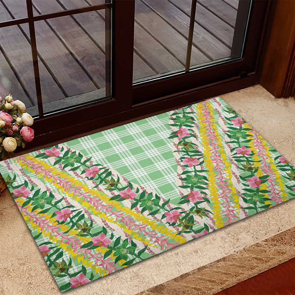 Hawaii Pikake Lokelani Plumeria Lei Rubber Doormat Green Palaka Motifs LT05 - Polynesian Pride