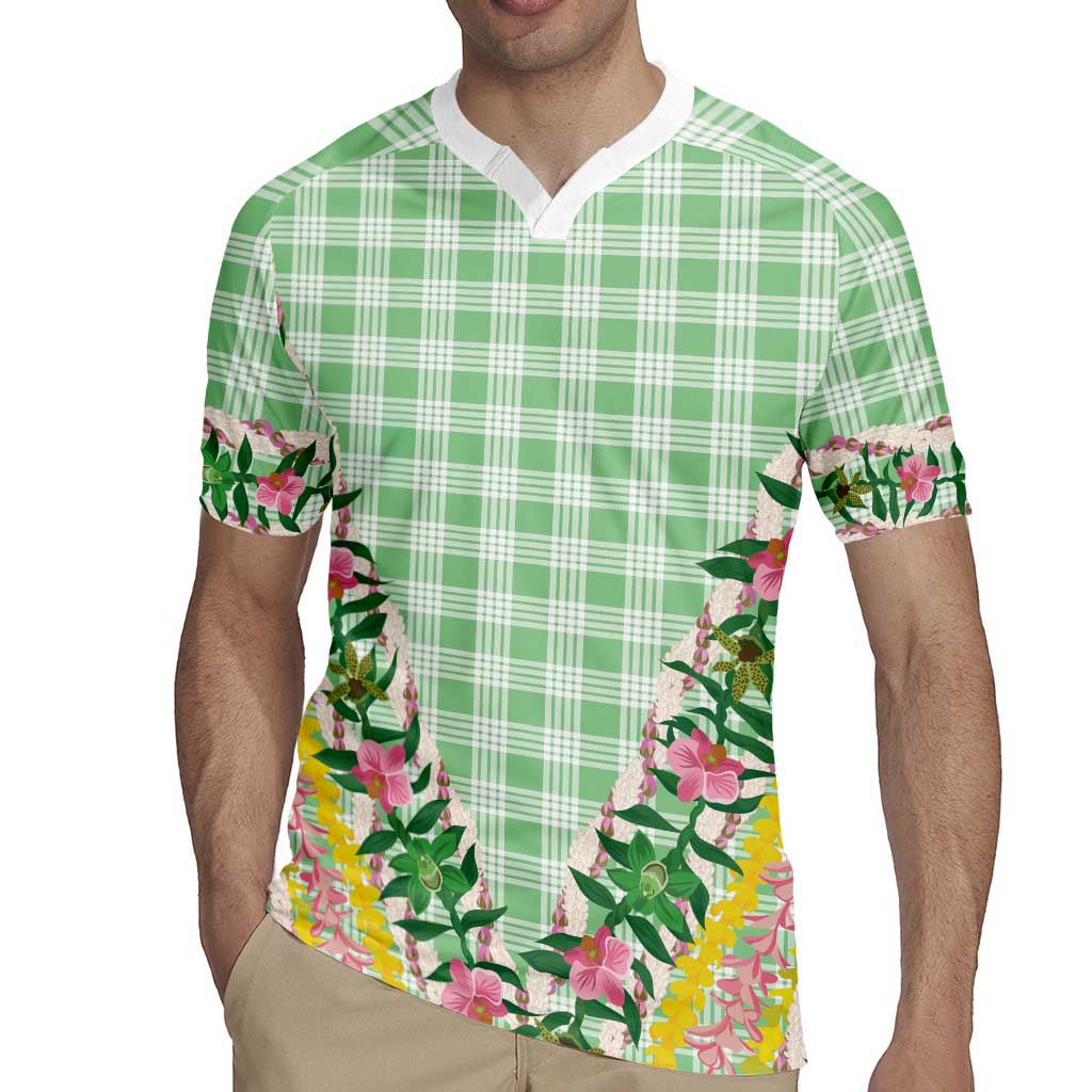 Hawaii Pikake Lokelani Plumeria Lei Rugby Jersey Green Palaka Motifs LT05 - Polynesian Pride