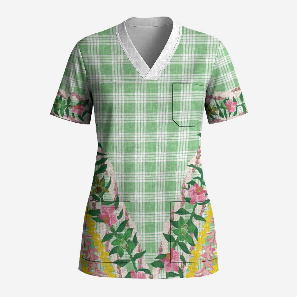 Hawaii Pikake Lokelani Plumeria Lei Scrub Top Green Palaka Motifs LT05 Adult Green - Polynesian Pride