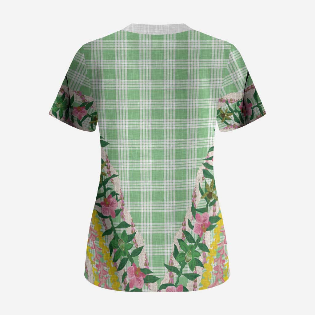 Hawaii Pikake Lokelani Plumeria Lei Scrub Top Green Palaka Motifs LT05 - Polynesian Pride