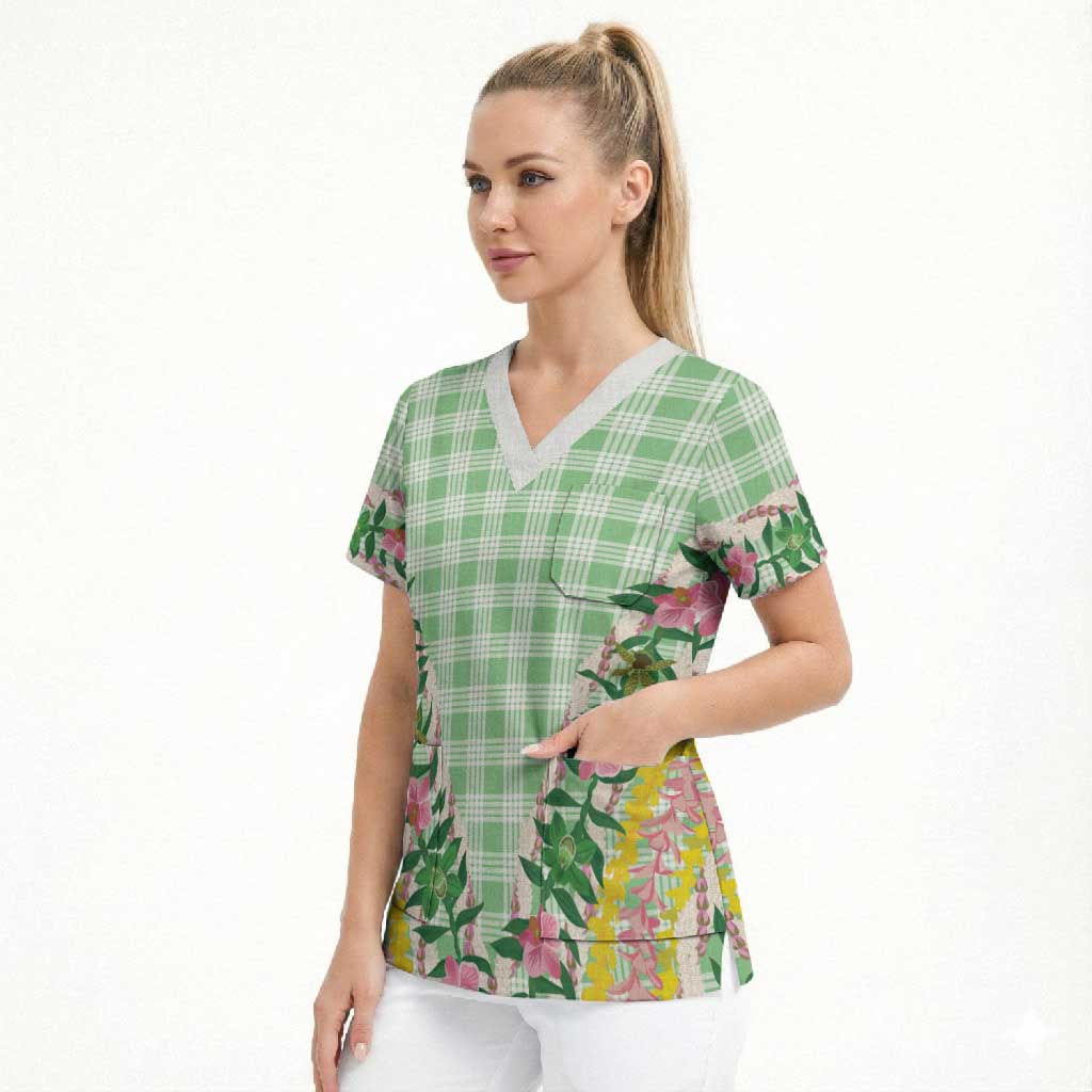 Hawaii Pikake Lokelani Plumeria Lei Scrub Top Green Palaka Motifs LT05 - Polynesian Pride