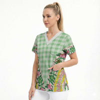 Hawaii Pikake Lokelani Plumeria Lei Scrub Top Green Palaka Motifs LT05 - Polynesian Pride