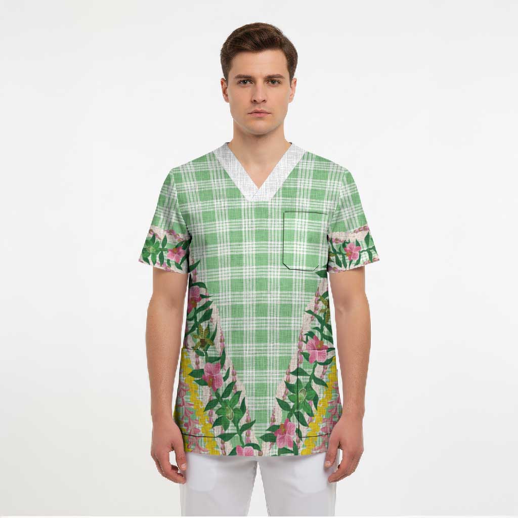 Hawaii Pikake Lokelani Plumeria Lei Scrub Top Green Palaka Motifs LT05 - Polynesian Pride