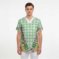 Hawaii Pikake Lokelani Plumeria Lei Scrub Top Green Palaka Motifs LT05 - Polynesian Pride
