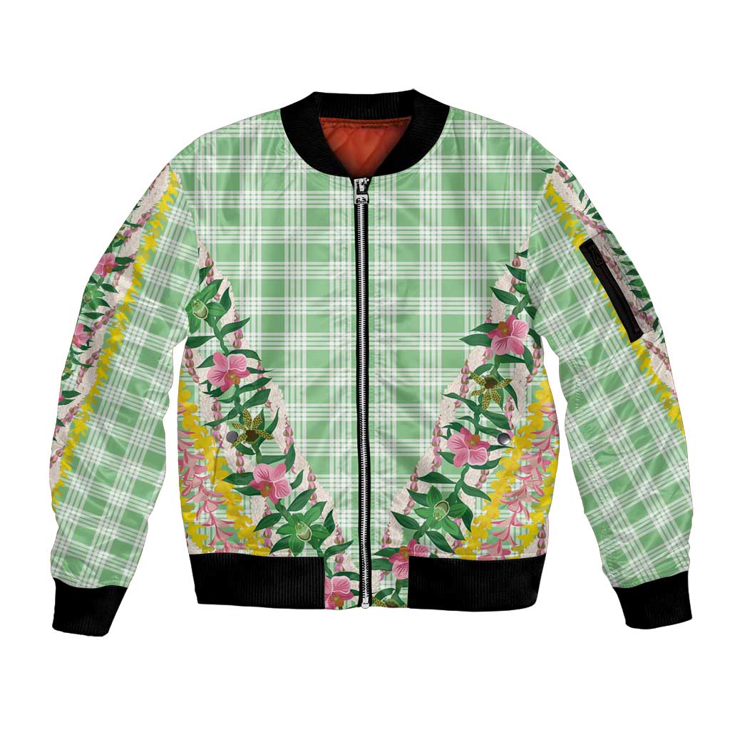 Hawaii Pikake Lokelani Plumeria Lei Sleeve Zip Bomber Jacket Green Palaka Motifs LT05 Unisex Green - Polynesian Pride