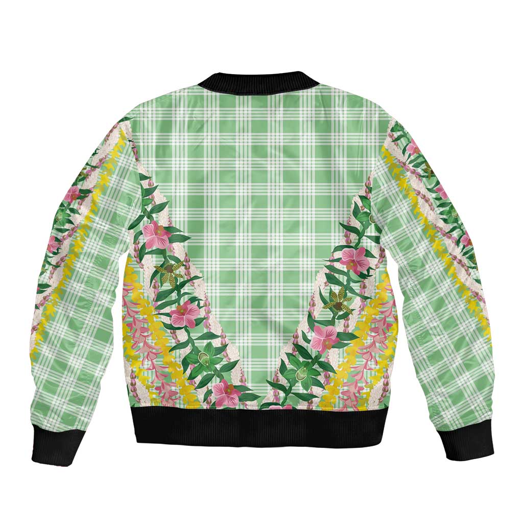 Hawaii Pikake Lokelani Plumeria Lei Sleeve Zip Bomber Jacket Green Palaka Motifs LT05 - Polynesian Pride