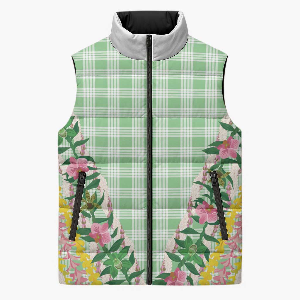 Hawaii Pikake Lokelani Plumeria Lei Sleeveless Puffer Jacket Green Palaka Motifs LT05 Unisex Green - Polynesian Pride