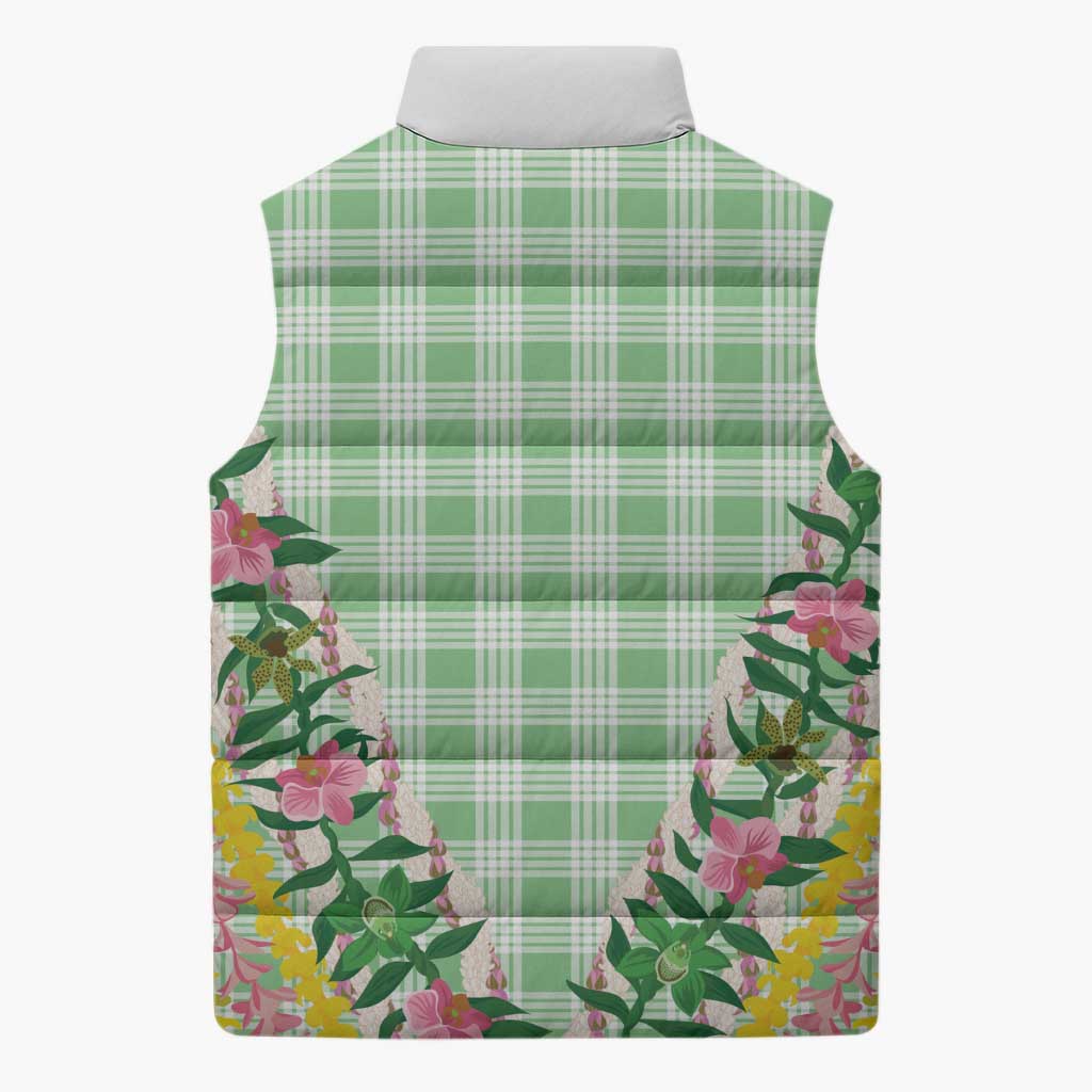 Hawaii Pikake Lokelani Plumeria Lei Sleeveless Puffer Jacket Green Palaka Motifs LT05 - Polynesian Pride