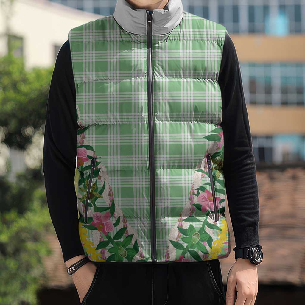 Hawaii Pikake Lokelani Plumeria Lei Sleeveless Puffer Jacket Green Palaka Motifs LT05 - Polynesian Pride