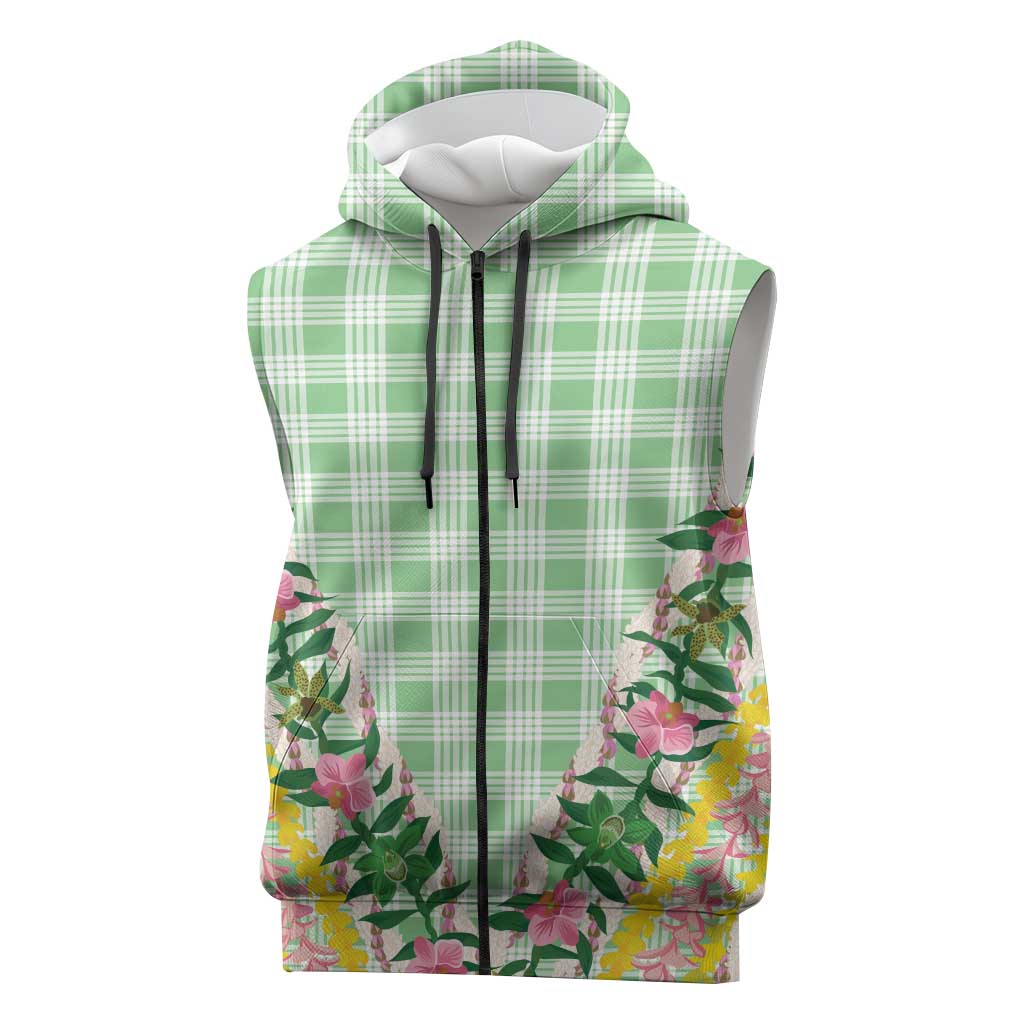 Hawaii Pikake Lokelani Plumeria Lei Sleeveless Zip Hoodie Green Palaka Motifs LT05 Green - Polynesian Pride