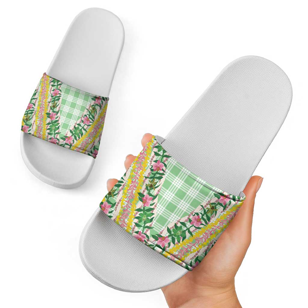 Hawaii Pikake Lokelani Plumeria Lei Slide Sandals Green Palaka Motifs LT05 - Polynesian Pride