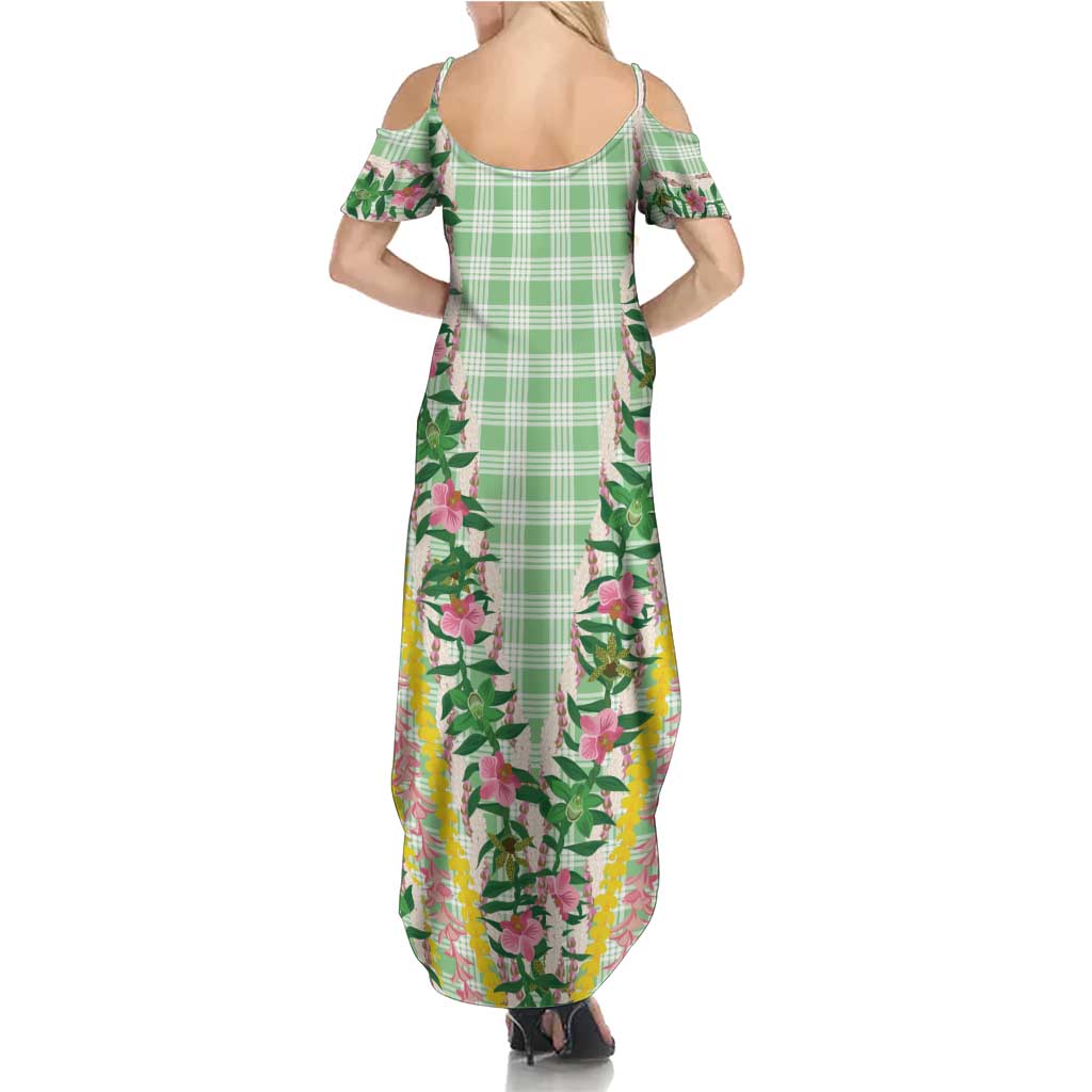 Hawaii Pikake Lokelani Plumeria Lei Summer Maxi Dress Green Palaka Motifs LT05 - Polynesian Pride