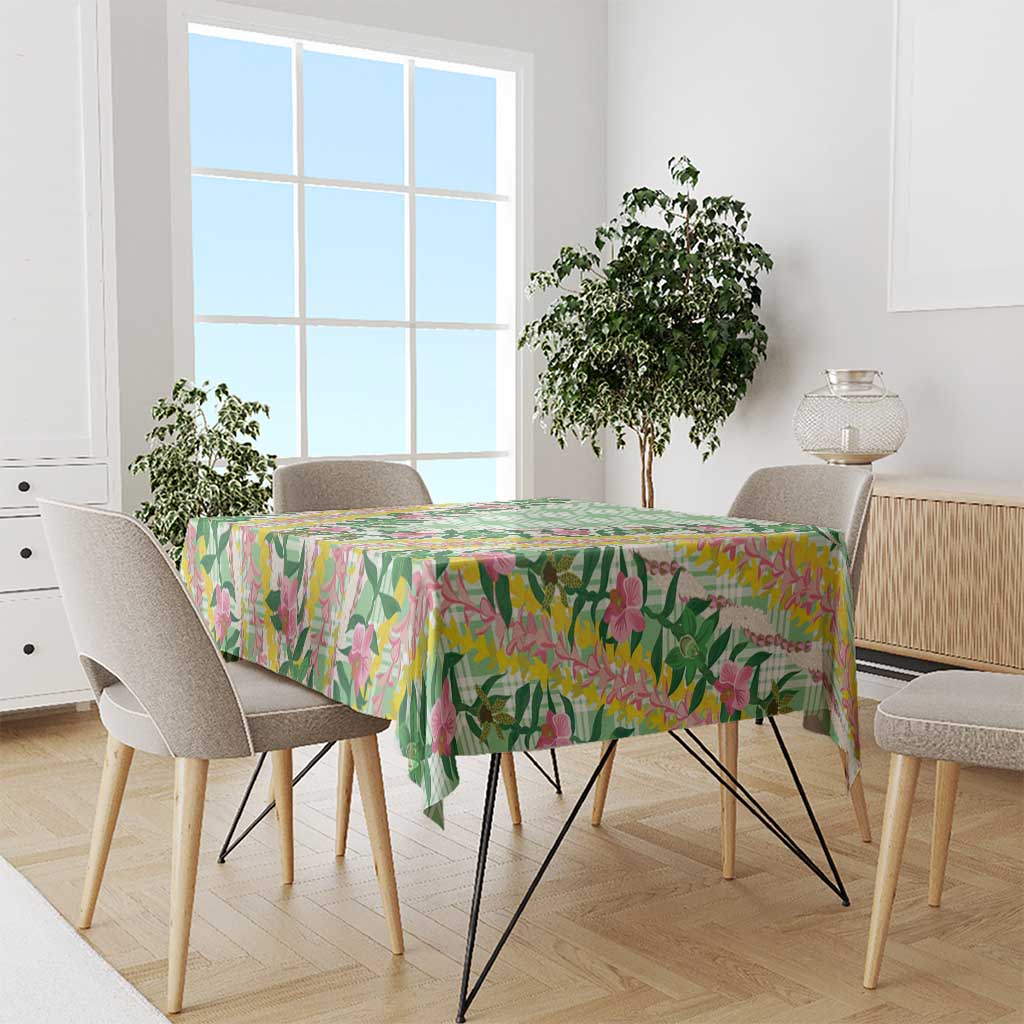 Hawaii Pikake Lokelani Plumeria Lei Tablecloth Green Palaka Motifs