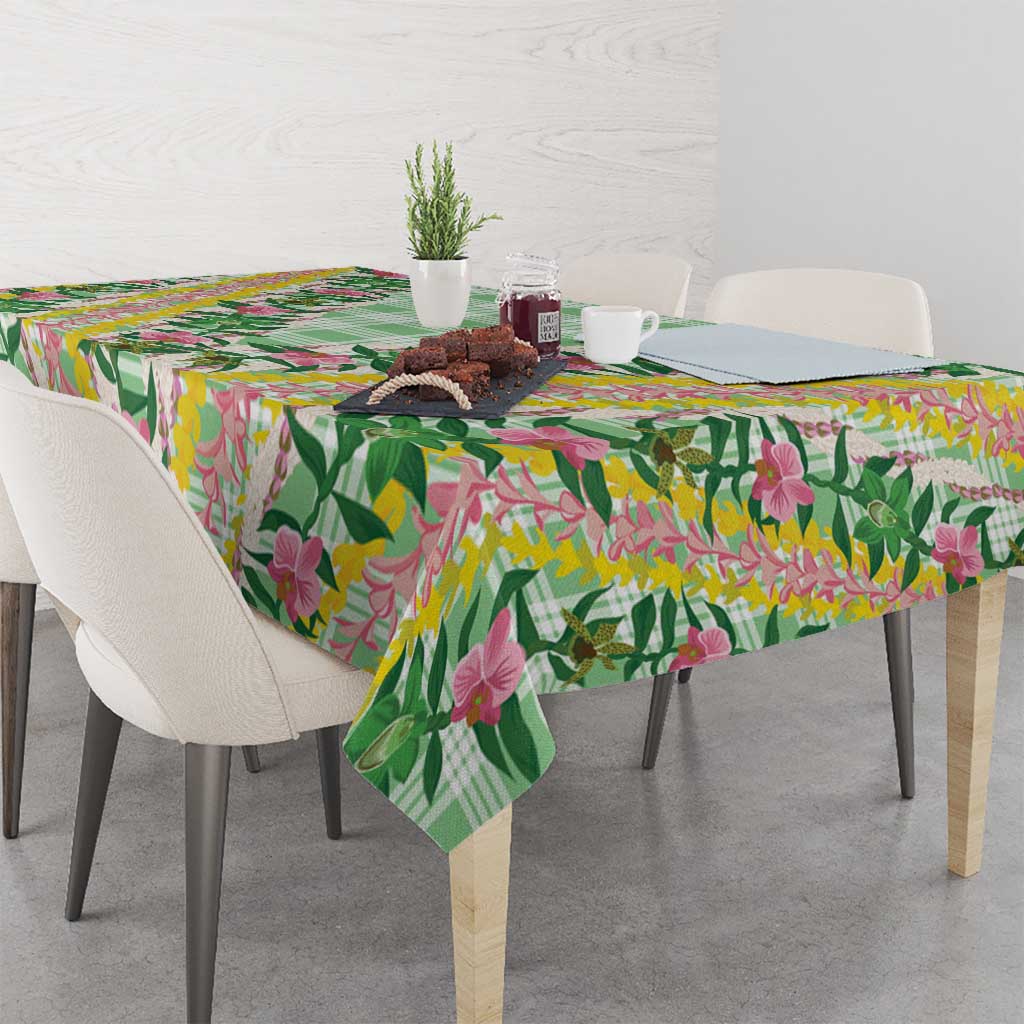 Hawaii Pikake Lokelani Plumeria Lei Tablecloth Green Palaka Motifs