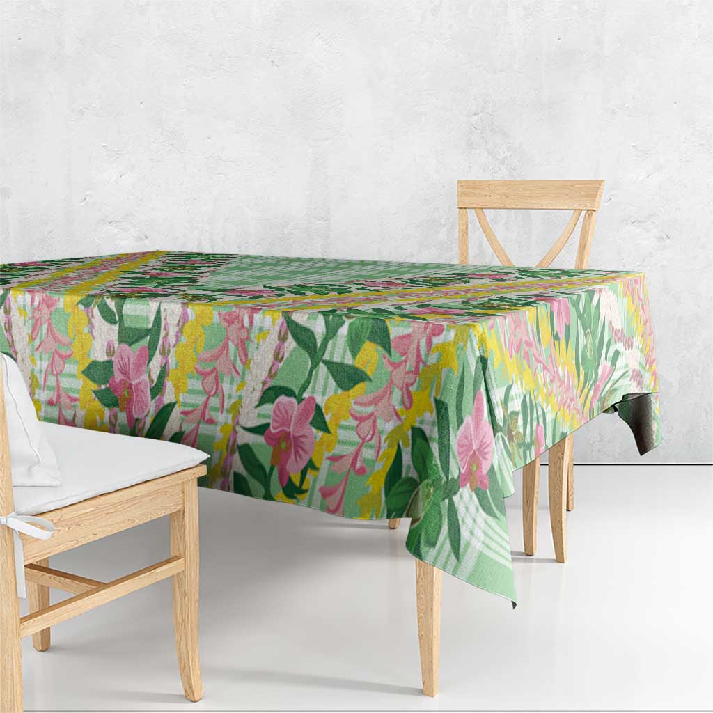 Hawaii Pikake Lokelani Plumeria Lei Tablecloth Green Palaka Motifs