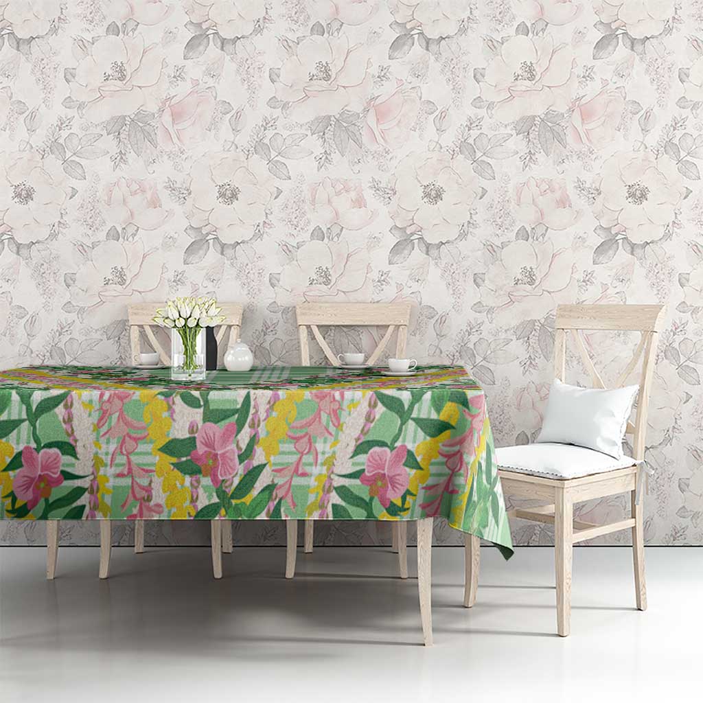 Hawaii Pikake Lokelani Plumeria Lei Tablecloth Green Palaka Motifs