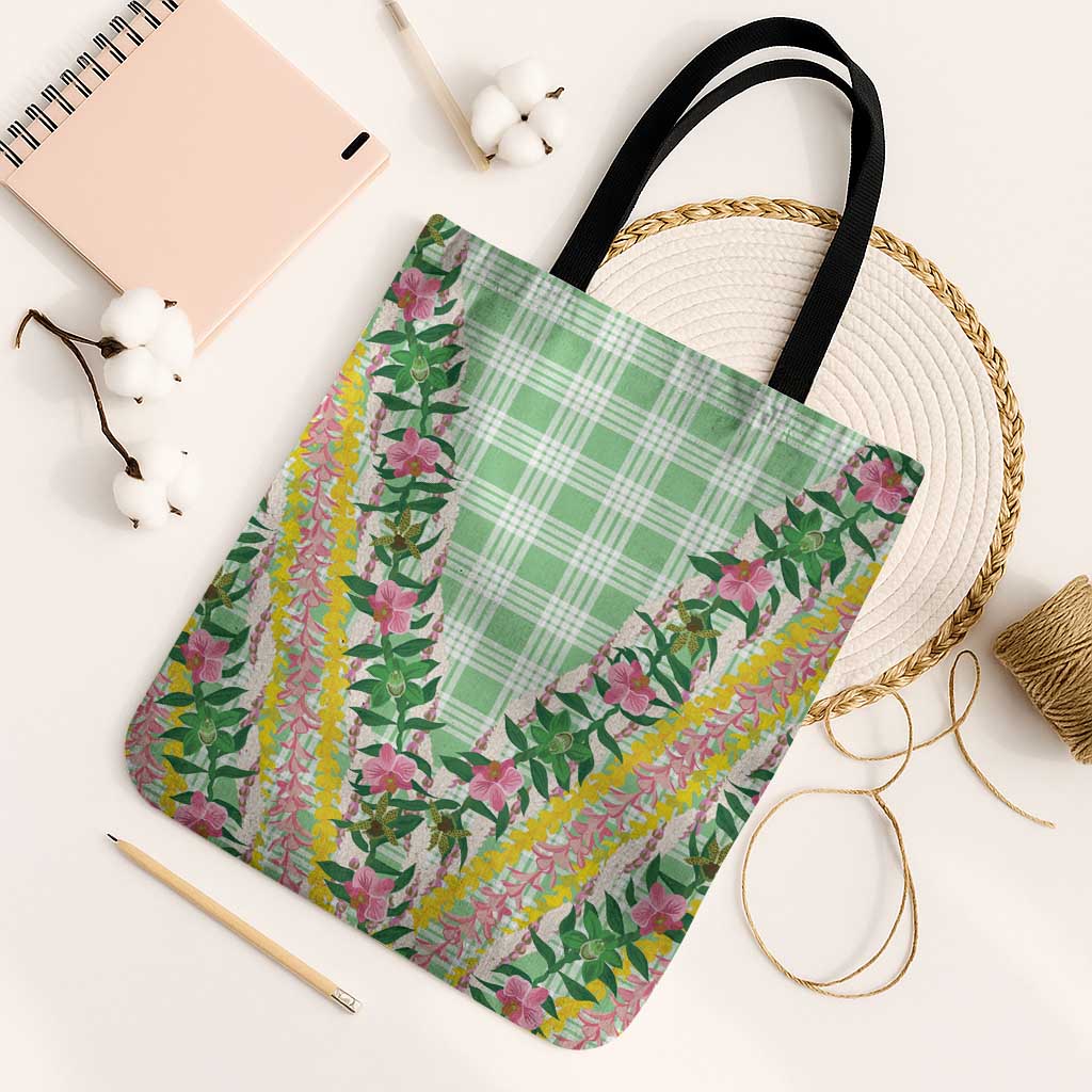 Hawaii Pikake Lokelani Plumeria Lei Tote Bag Green Palaka Motifs