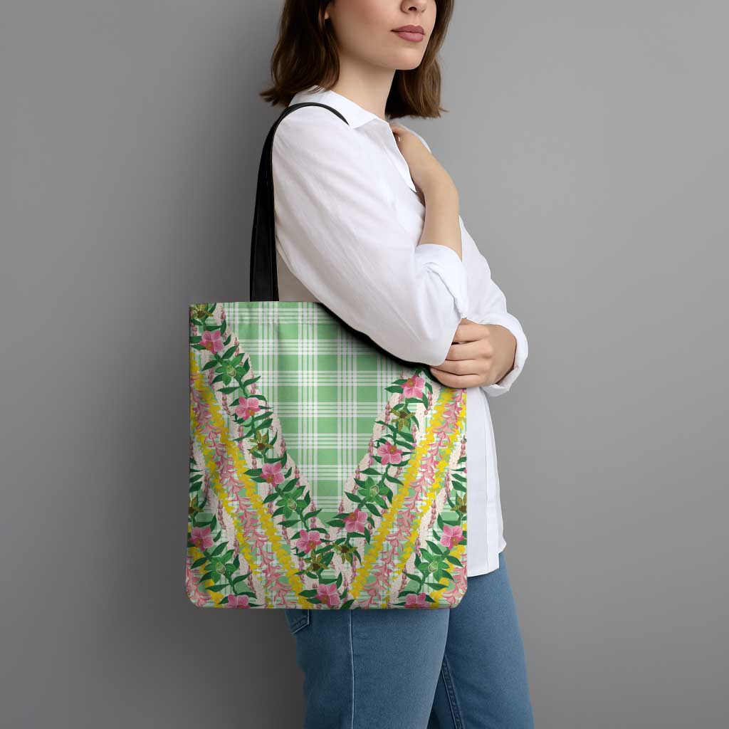 Hawaii Pikake Lokelani Plumeria Lei Tote Bag Green Palaka Motifs