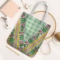 Hawaii Pikake Lokelani Plumeria Lei Tote Bag Green Palaka Motifs