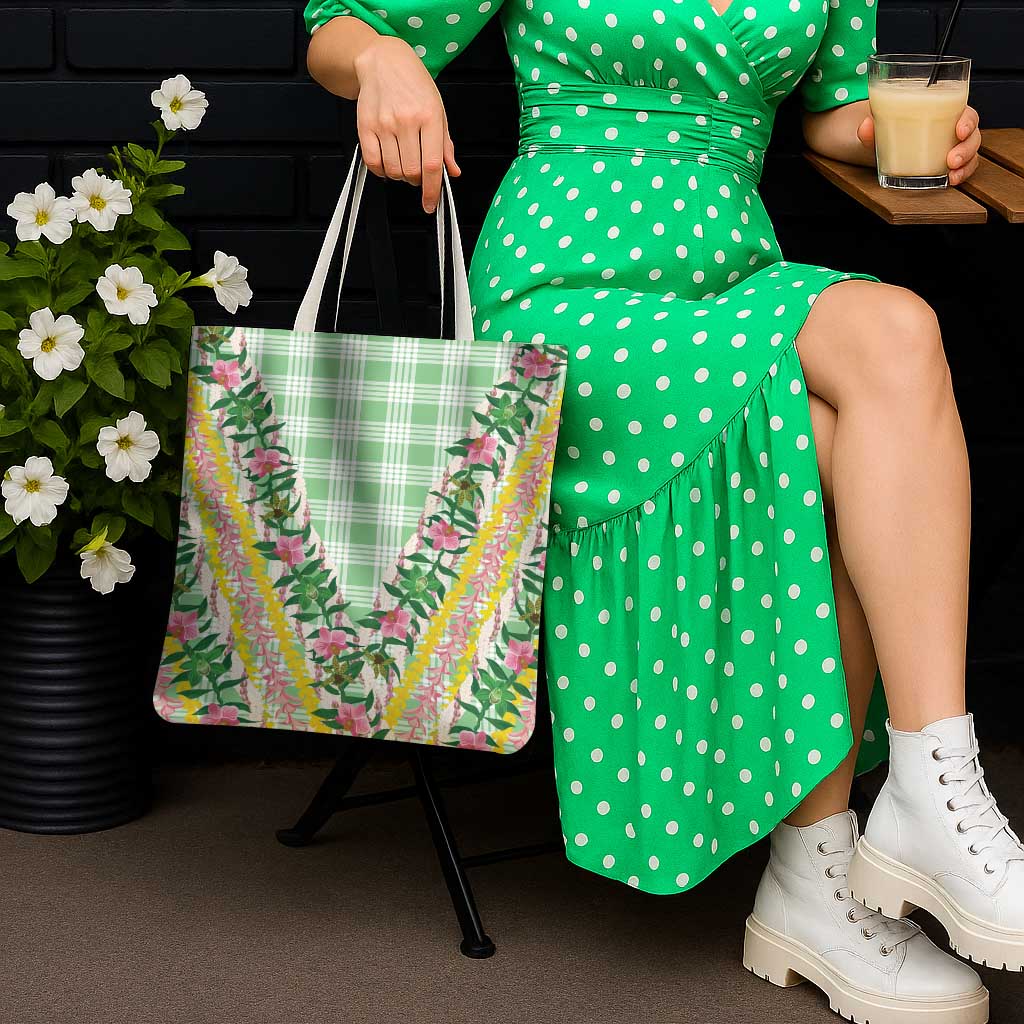Hawaii Pikake Lokelani Plumeria Lei Tote Bag Green Palaka Motifs