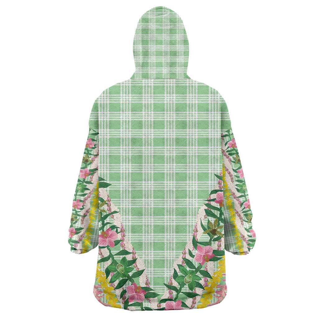 Hawaii Pikake Lokelani Plumeria Lei Wearable Blanket Hoodie Green Palaka Motifs