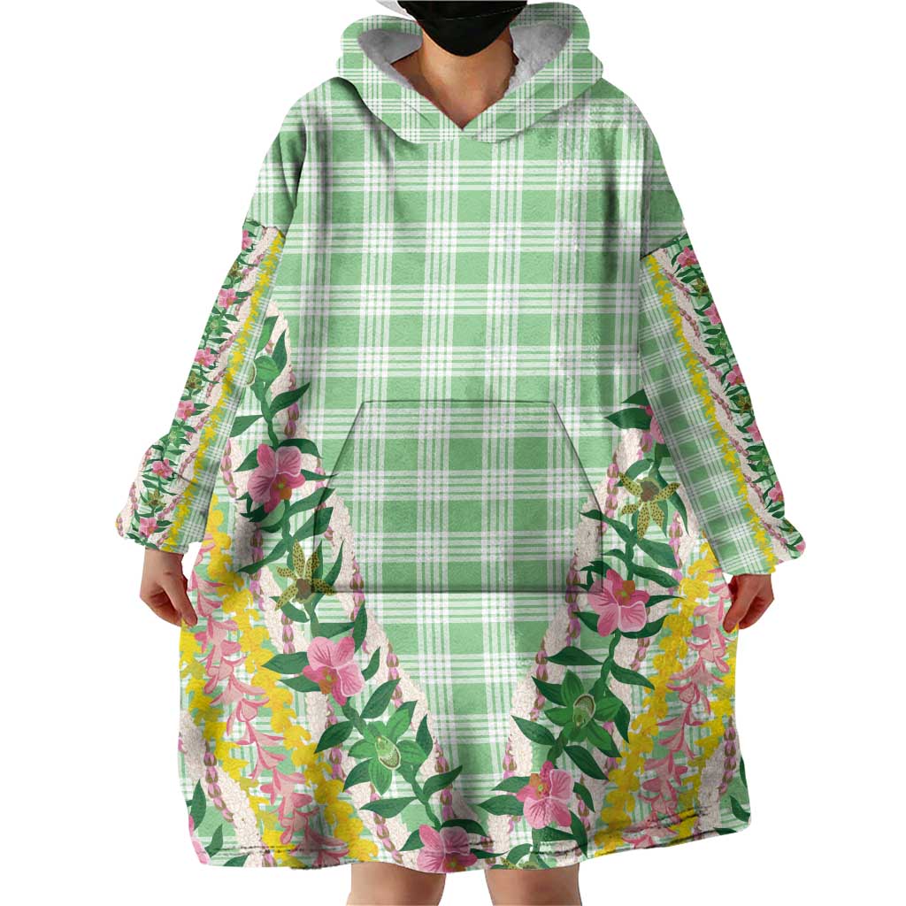 Hawaii Pikake Lokelani Plumeria Lei Wearable Blanket Hoodie Green Palaka Motifs