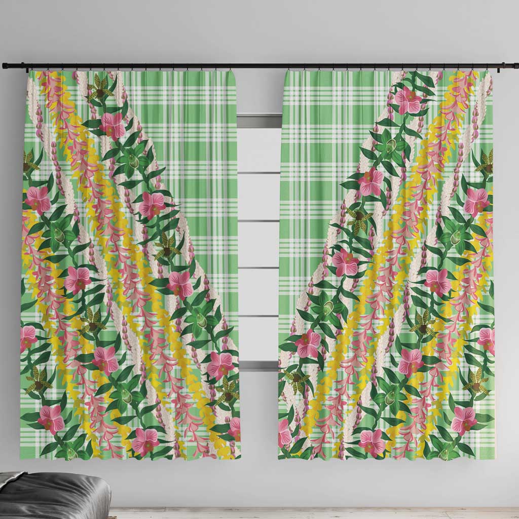 Hawaii Pikake Lokelani Plumeria Lei Window Curtain Green Palaka Motifs LT05 With Hooks Green - Polynesian Pride