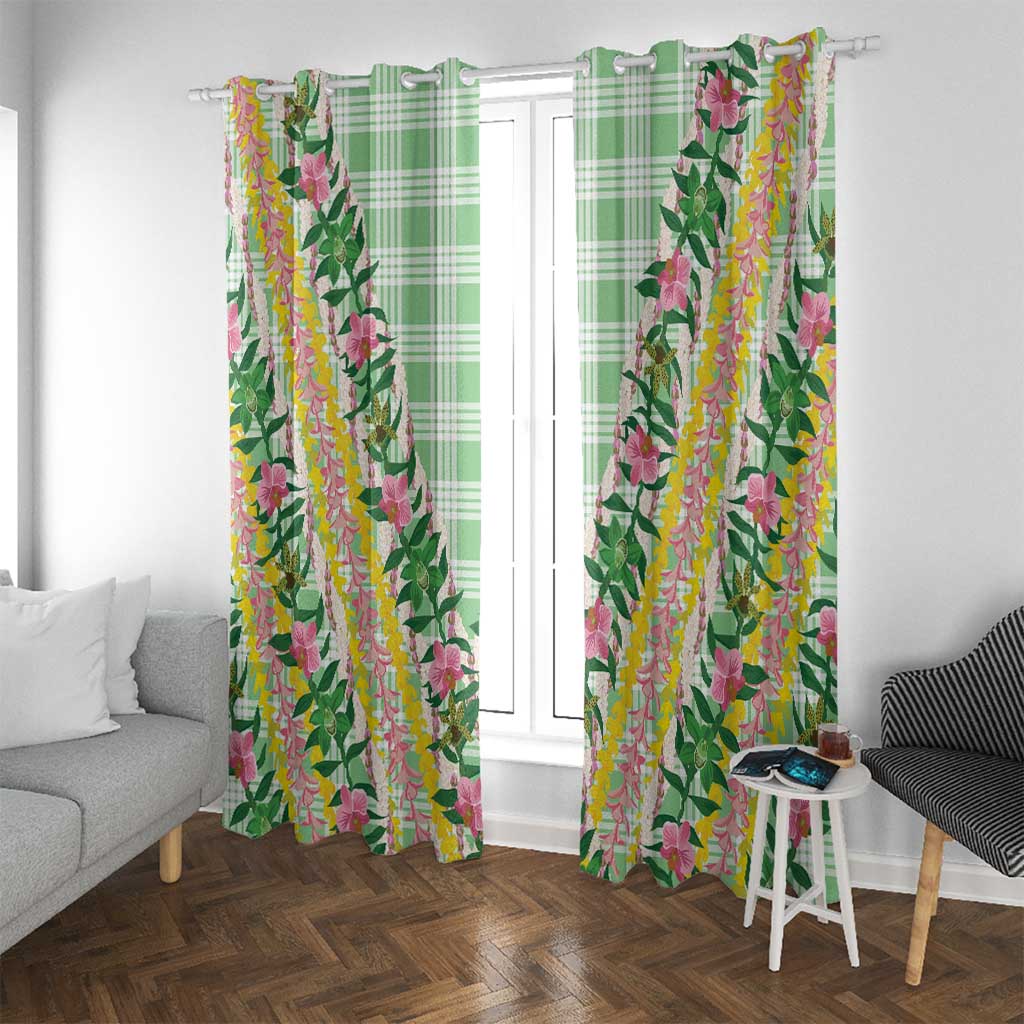 Hawaii Pikake Lokelani Plumeria Lei Window Curtain Green Palaka Motifs LT05 With Grommets Green - Polynesian Pride