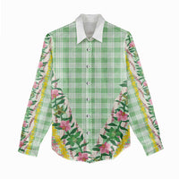 Hawaii Pikake Lokelani Plumeria Lei Women Casual Shirt Green Palaka Motifs