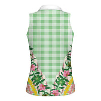 Hawaii Pikake Lokelani Plumeria Lei Women Sleeveless Polo Shirt Green Palaka Motifs