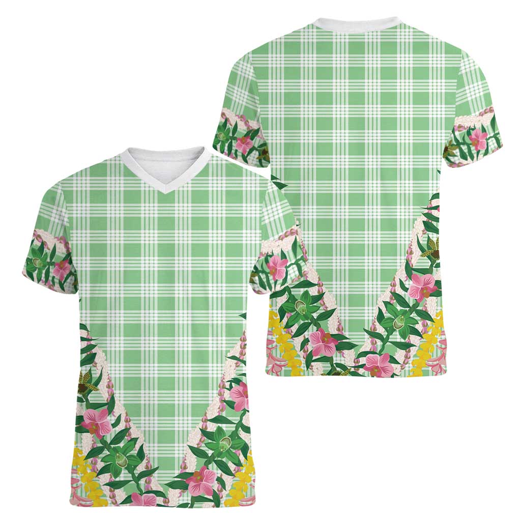 Hawaii Pikake Lokelani Plumeria Lei Women V-Neck T-Shirt Green Palaka Motifs