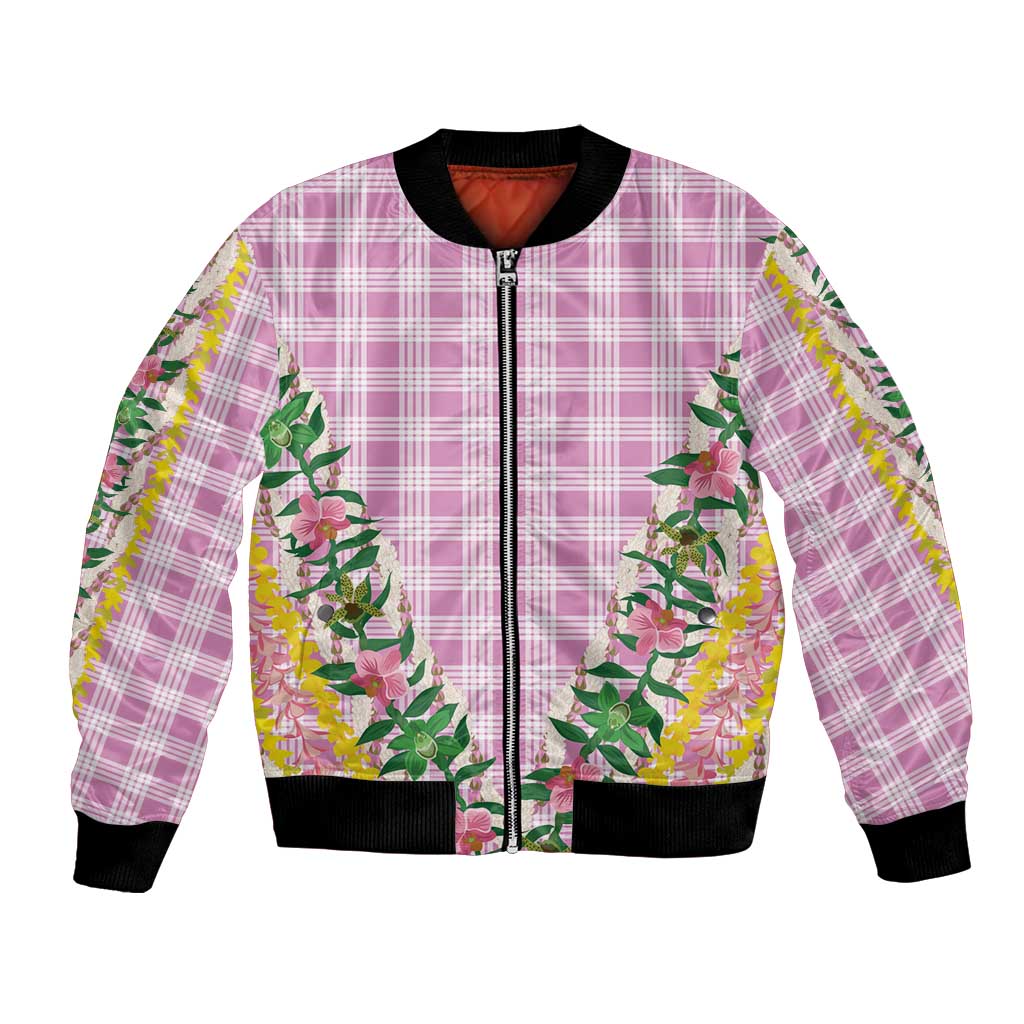 Hawaii Pikake Lokelani Plumeria Lei Bomber Jacket Pink Palaka Motifs LT05 Unisex Pink - Polynesian Pride