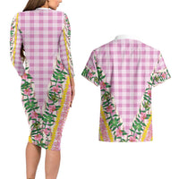 Hawaii Pikake Lokelani Plumeria Lei Couples Matching Long Sleeve Bodycon Dress and Hawaiian Shirt Pink Palaka Motifs