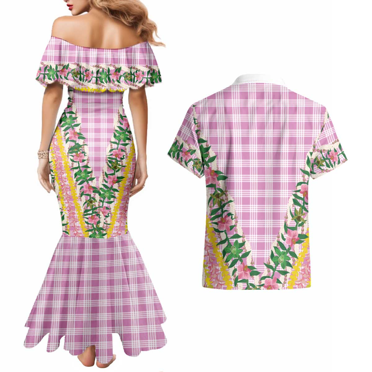 Hawaii Pikake Lokelani Plumeria Lei Couples Matching Mermaid Dress and Hawaiian Shirt Pink Palaka Motifs