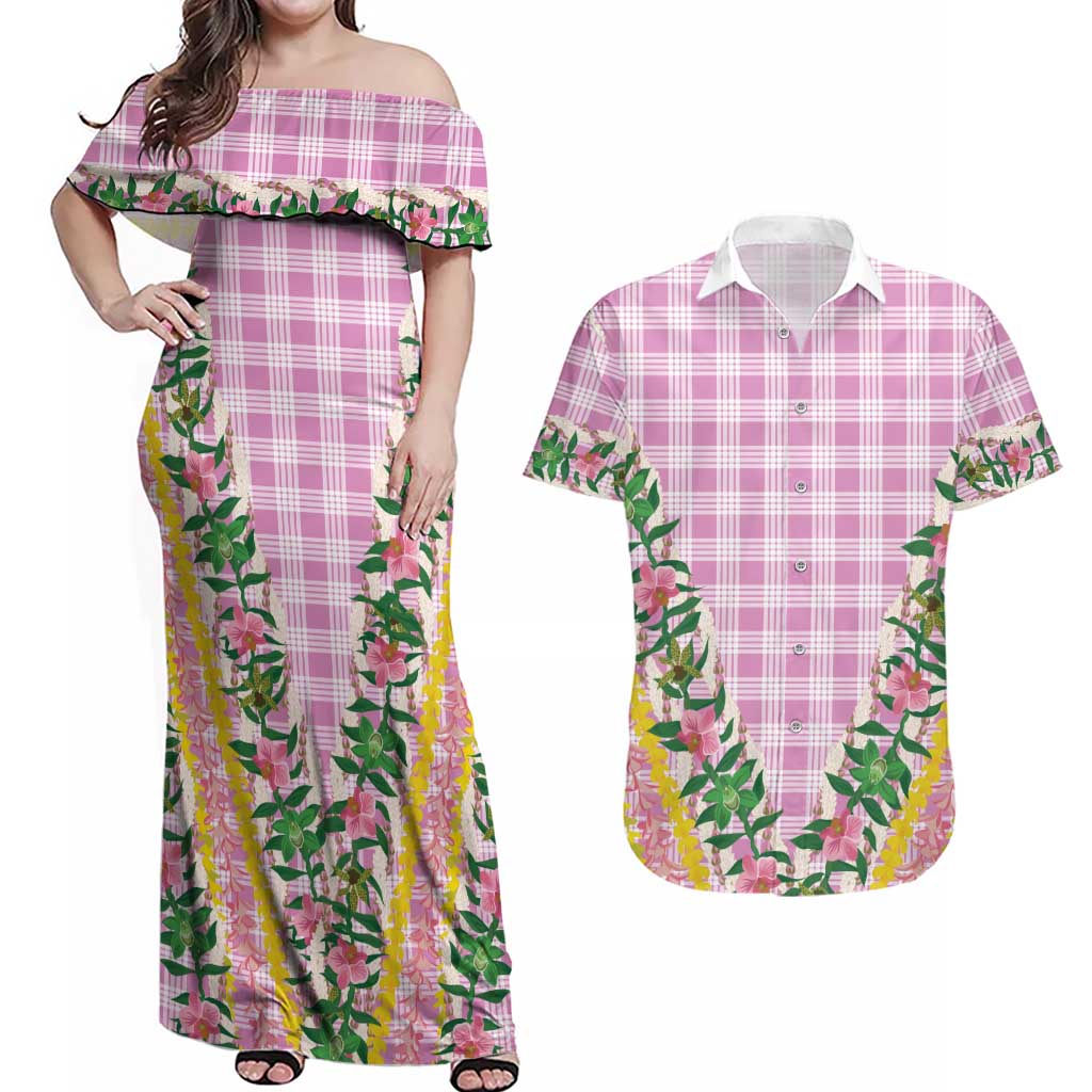 Hawaii Pikake Lokelani Plumeria Lei Couples Matching Off Shoulder Maxi Dress and Hawaiian Shirt Pink Palaka Motifs LT05 Pink - Polynesian Pride