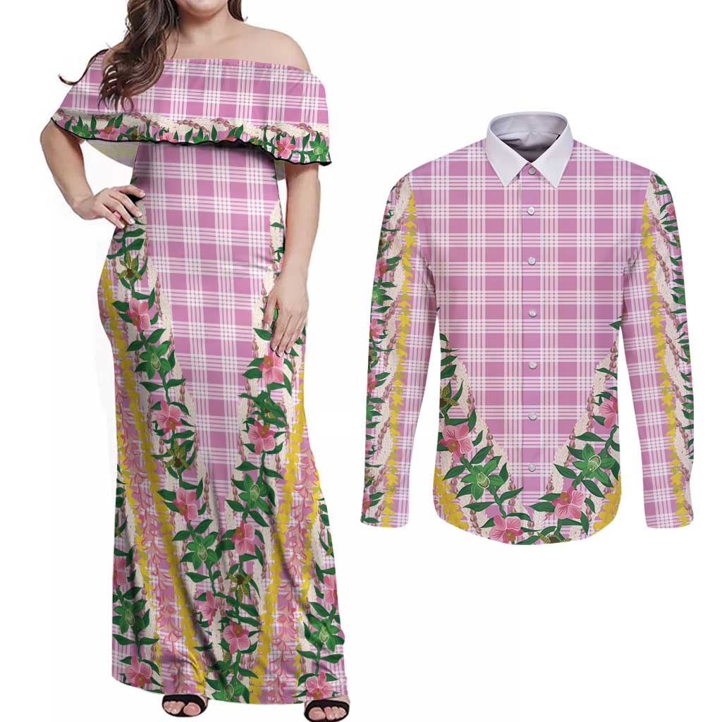 Hawaii Pikake Lokelani Plumeria Lei Couples Matching Off Shoulder Maxi Dress and Long Sleeve Button Shirt Pink Palaka Motifs LT05 Pink - Polynesian Pride