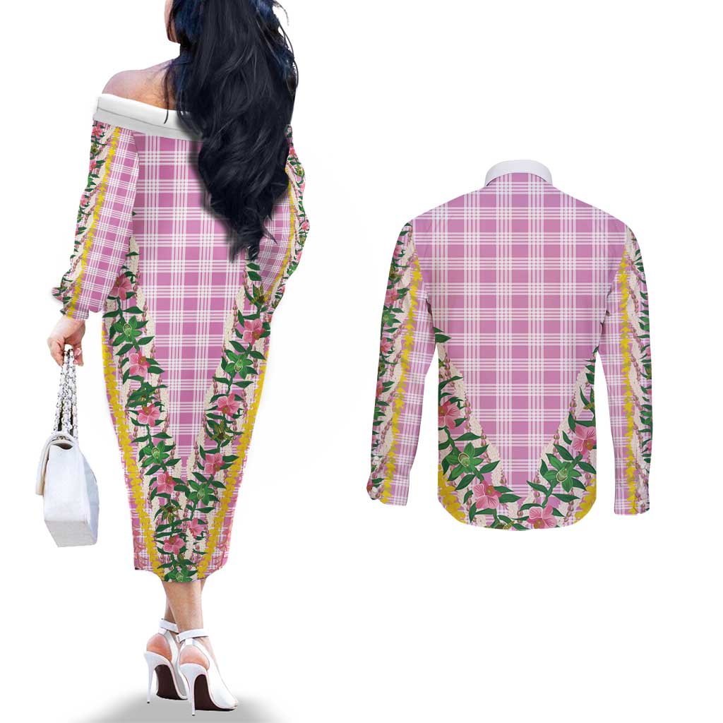 Hawaii Pikake Lokelani Plumeria Lei Couples Matching Off The Shoulder Long Sleeve Dress and Long Sleeve Button Shirt Pink Palaka Motifs