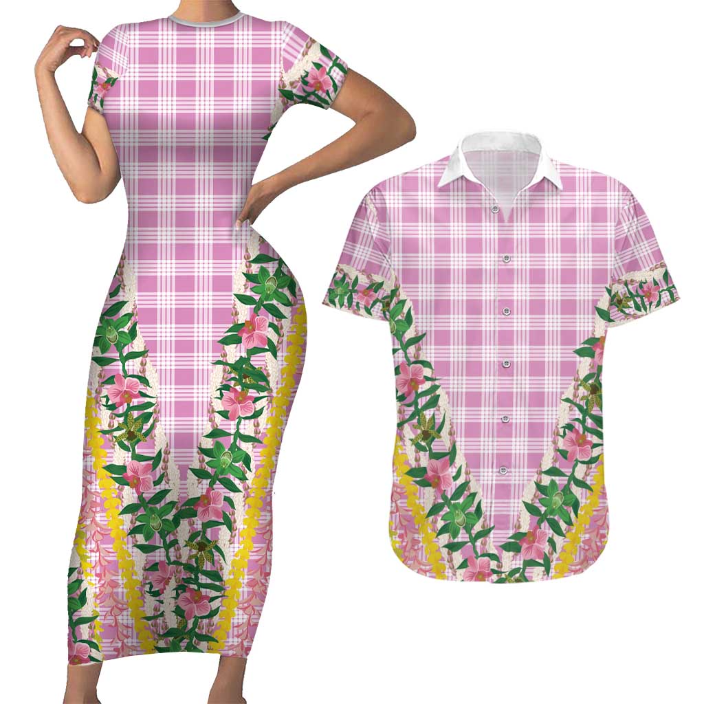 Hawaii Pikake Lokelani Plumeria Lei Couples Matching Short Sleeve Bodycon Dress and Hawaiian Shirt Pink Palaka Motifs
