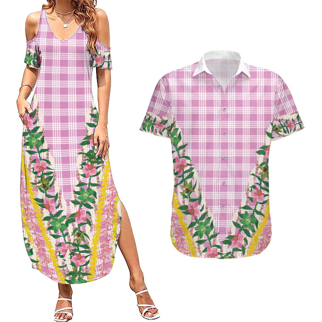 Hawaii Pikake Lokelani Plumeria Lei Couples Matching Summer Maxi Dress and Hawaiian Shirt Pink Palaka Motifs LT05 Pink - Polynesian Pride