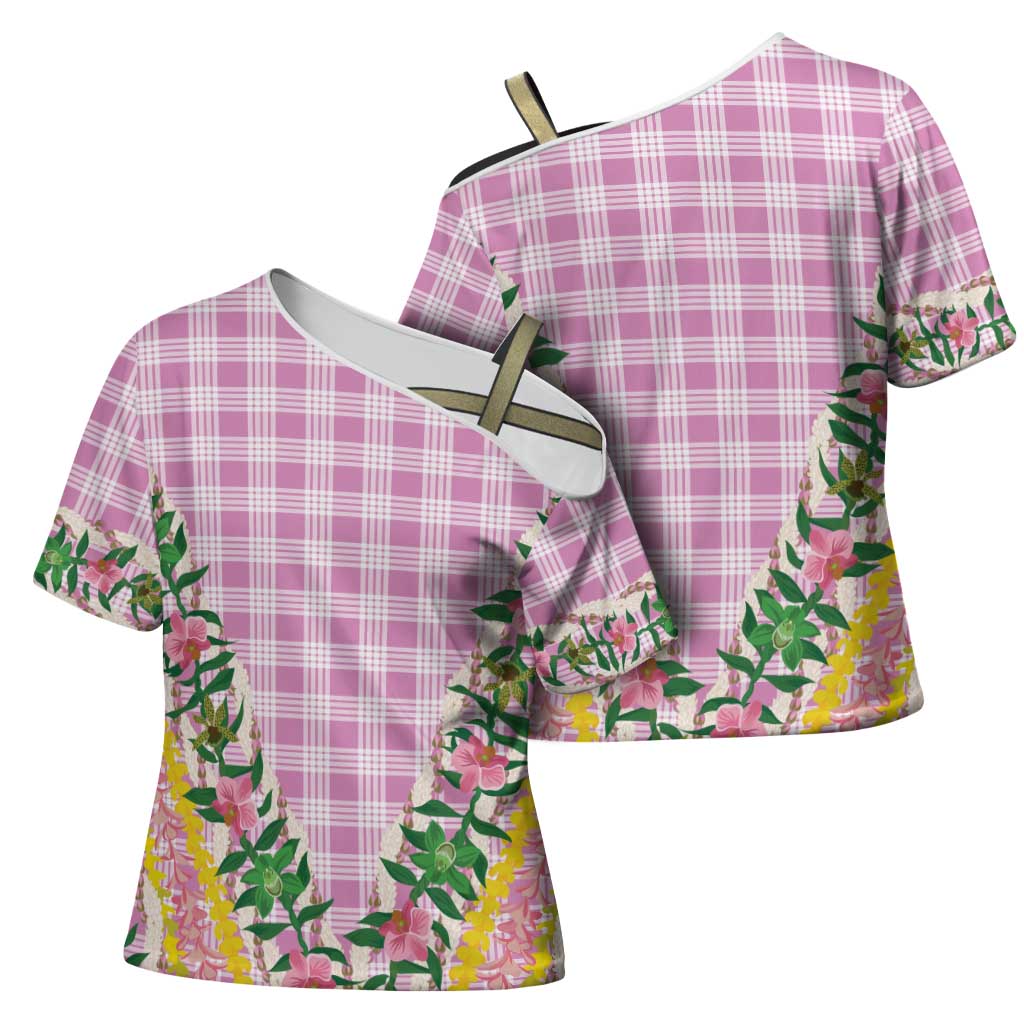 Hawaii Pikake Lokelani Plumeria Lei Cross Shoulder Shirt Pink Palaka Motifs LT05 - Polynesian Pride